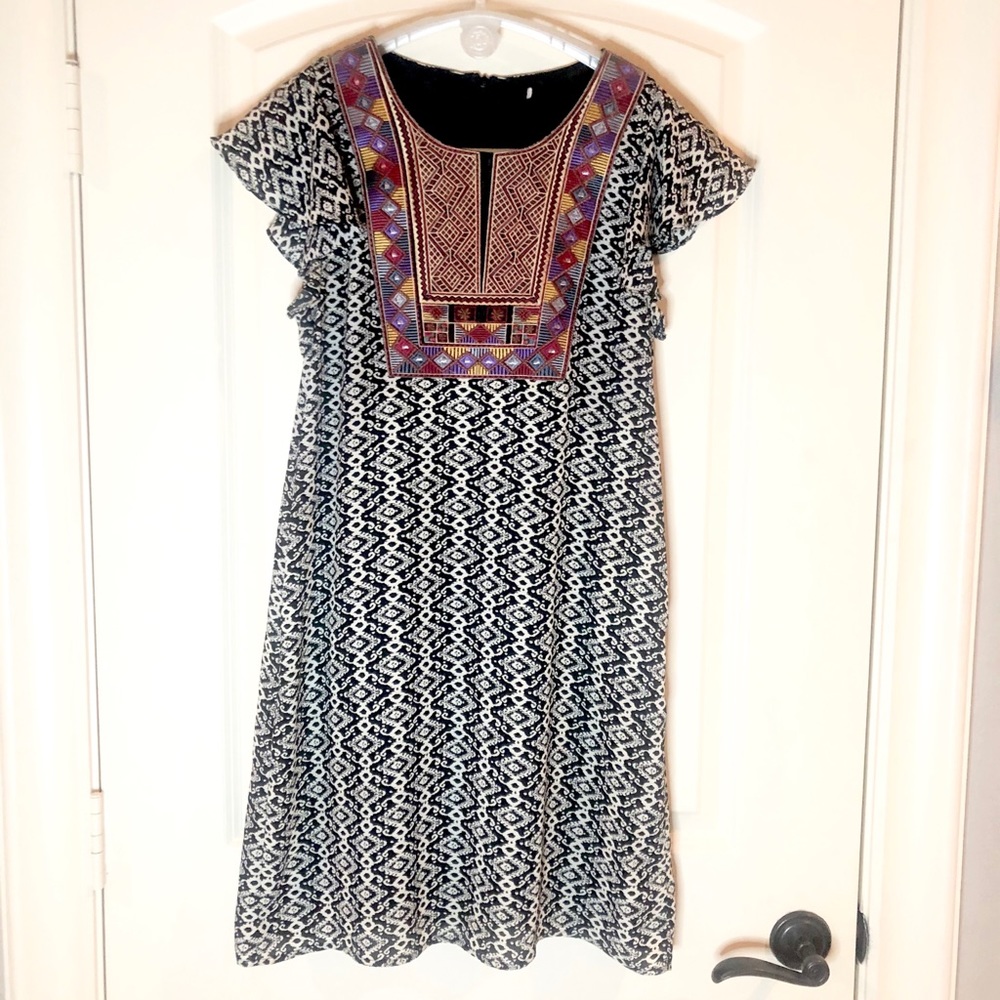 Maeve Anthropologie Boho Embroidered Yoke Dress Aztec Geometric Print Small